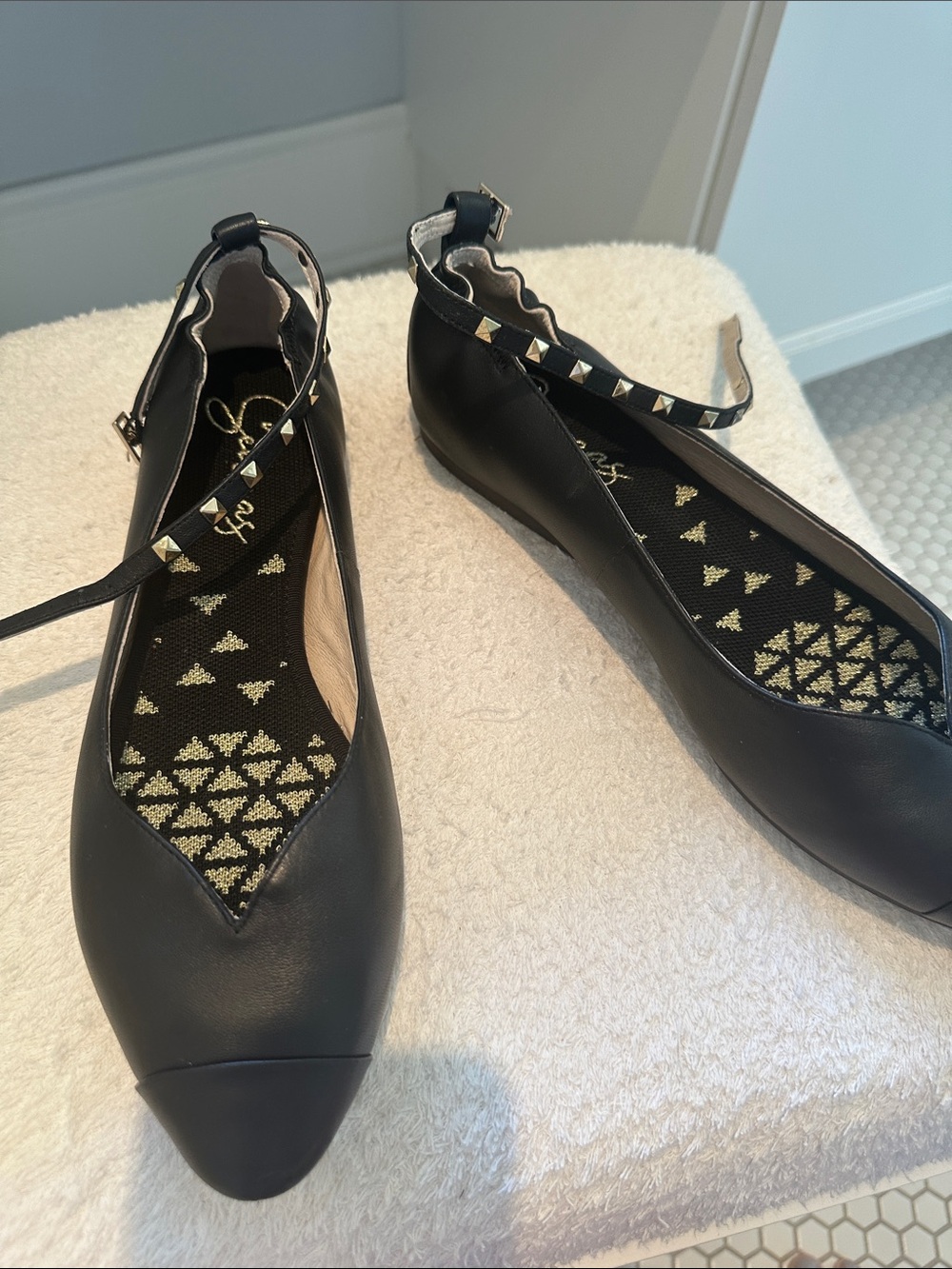Black Pointed Ankle-Strap Flats with Gold Studs